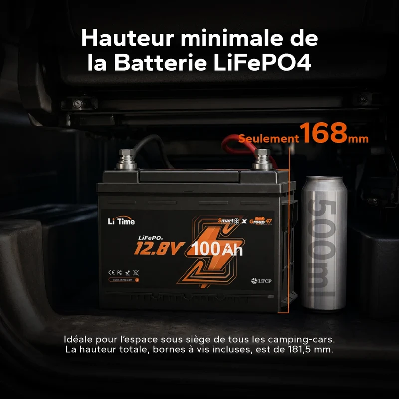 【Nouveauté】Batterie LiFePO4 12V 100Ah H168 avec Bluetooth – format ultra-plat pour installation sous siège de camping-car