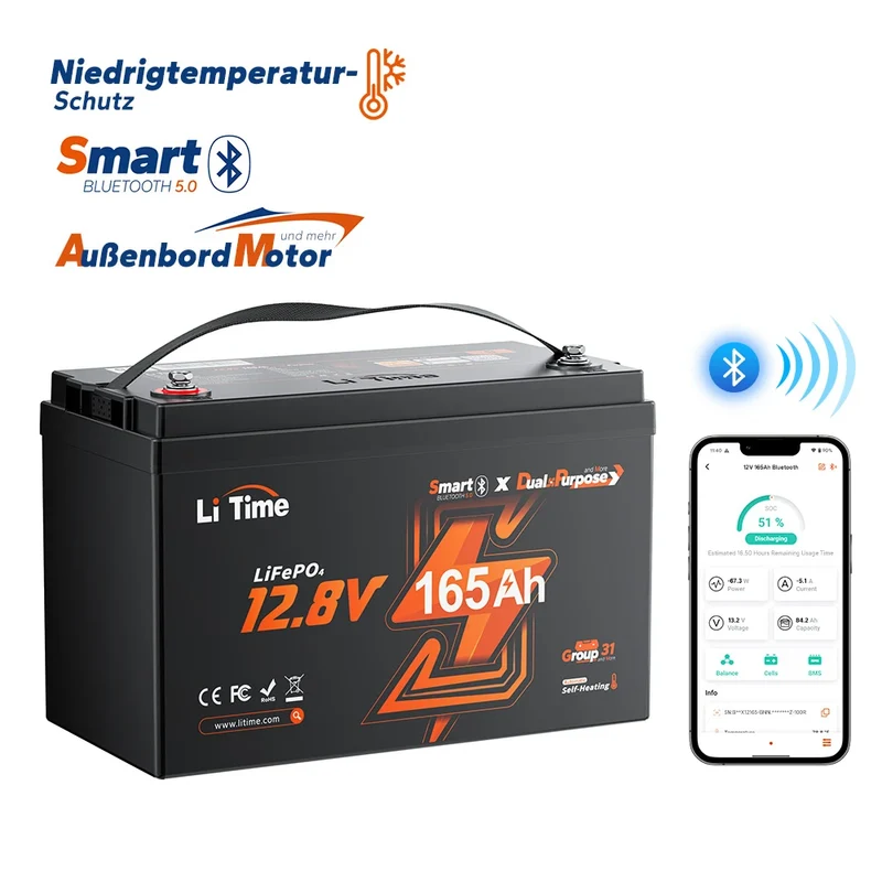 【Nouveauté】Batterie Lithium LiFePO4 LiTime 12V 165Ah Double Usage, 1200 CCA avec Auto-Chauffage pour Camping-Car et Marine