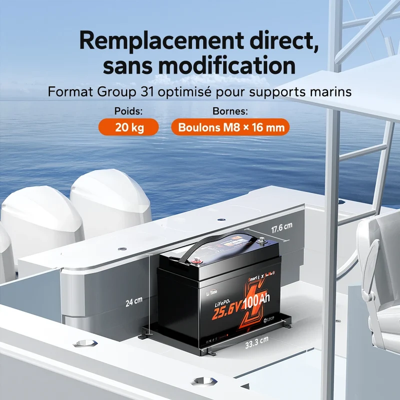 【Nouveauté】LiTime Batterie Lithium LiFePO4 24V 100Ah Xtra-Mini Bluetooth pour Moteur de Traîne