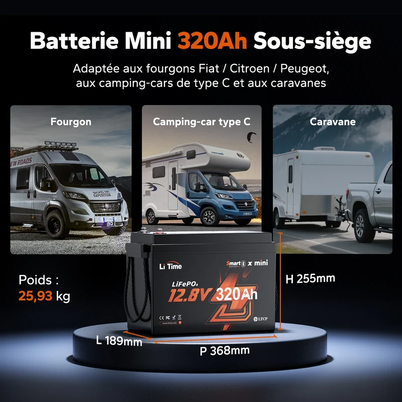 【Nouveauté】Batterie LiFePO4 12V 320Ah W190 avec Bluetooth pour camping-car, installation sous siège