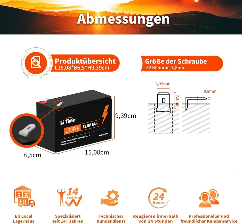 LiTime 12V 6Ah Batterie LiFePO4 avec BMS 6 A, 76,8 W, plus de 4 000 cycles profonds