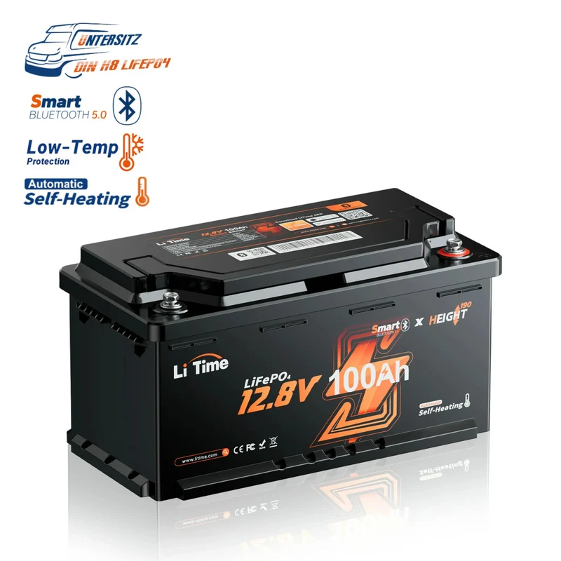 12V 100Ah H190 2C LiFePO4 Deep Cycle Bluetooth 5.0 & Chauffage - Camping-car sous siège DIN H8
