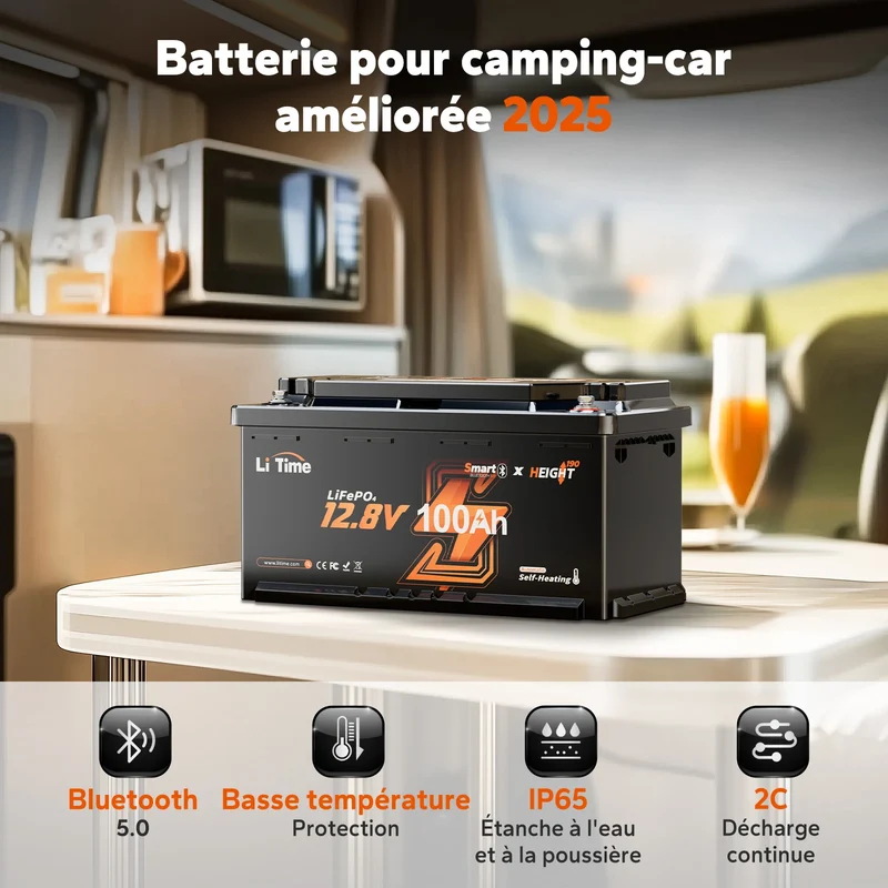 12V 100Ah H190 2C LiFePO4 Deep Cycle Bluetooth 5.0 & Chauffage - Camping-car sous siège DIN H8