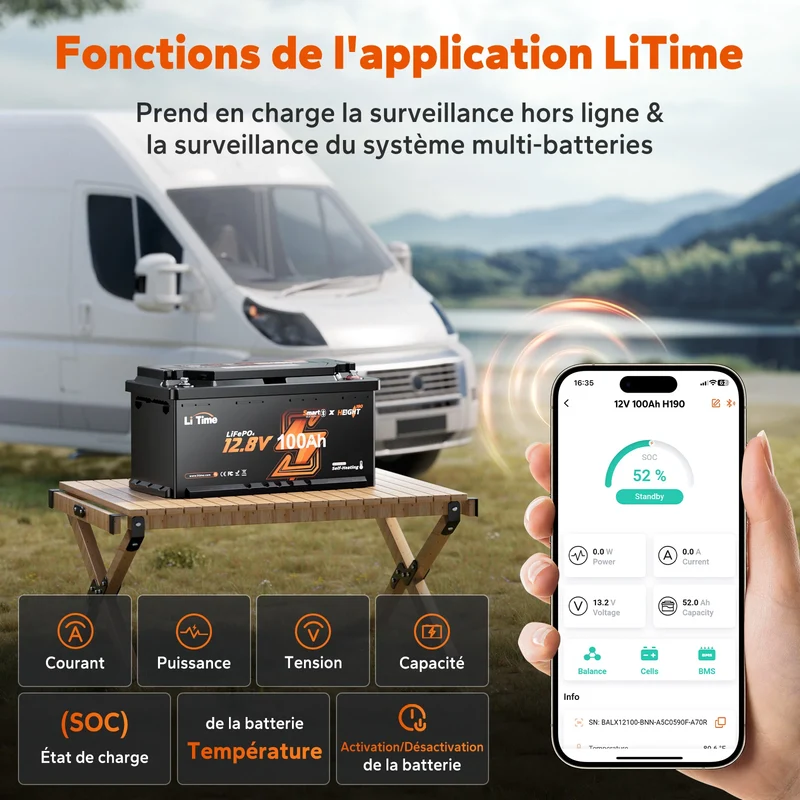 12V 100Ah H190 2C LiFePO4 Deep Cycle Bluetooth 5.0 & Chauffage - Camping-car sous siège DIN H8