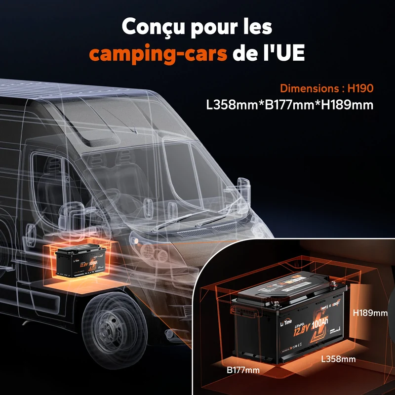 12V 100Ah H190 2C LiFePO4 Deep Cycle Bluetooth 5.0 & Chauffage - Camping-car sous siège DIN H8