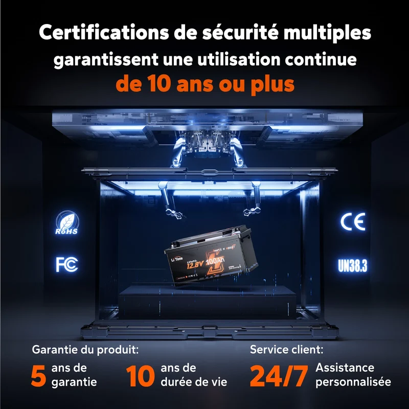 12V 100Ah H190 2C LiFePO4 Deep Cycle Bluetooth 5.0 & Chauffage - Camping-car sous siège DIN H8