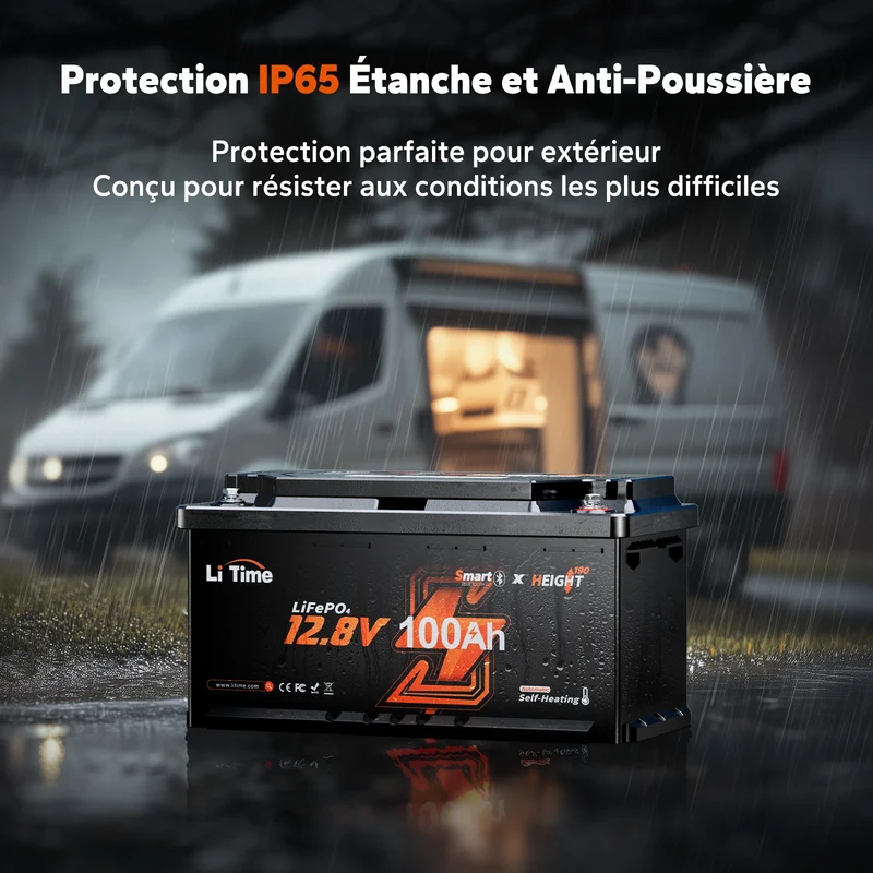 12V 100Ah H190 2C LiFePO4 Deep Cycle Bluetooth 5.0 & Chauffage - Camping-car sous siège DIN H8