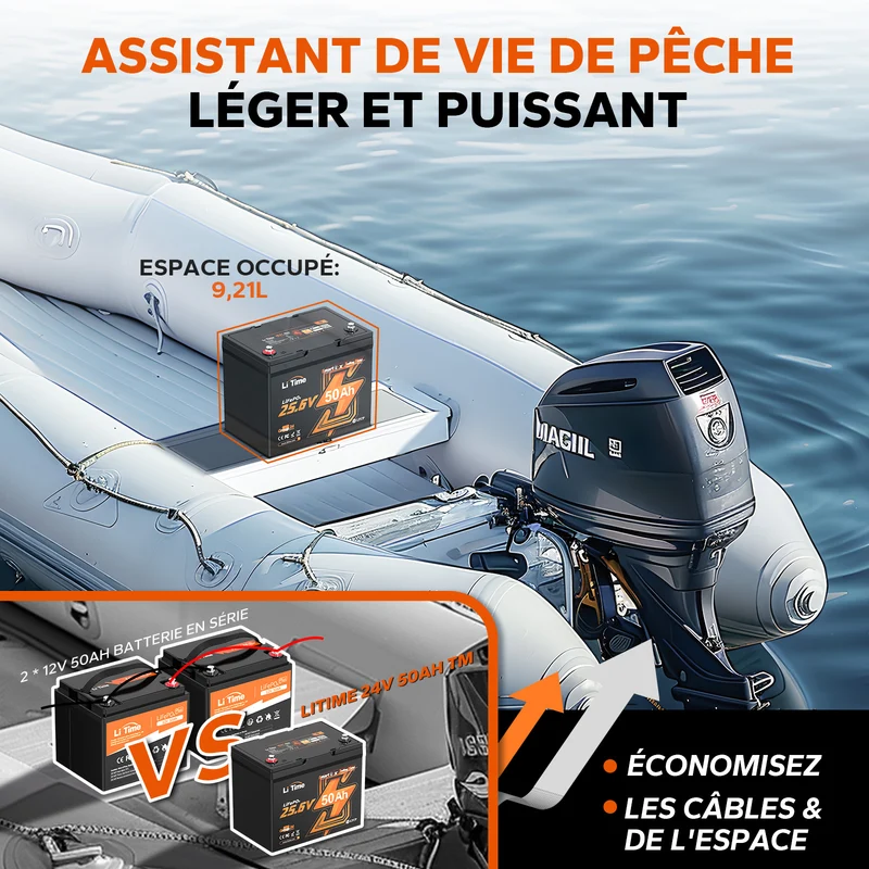 24V 50Ah Batterie Lithium Low-Temp Bluetooth pour Moteurs Électriques de Bateaux