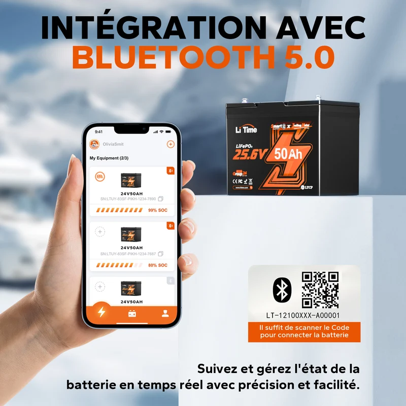 24V 50Ah Batterie Lithium Low-Temp Bluetooth pour Moteurs Électriques de Bateaux