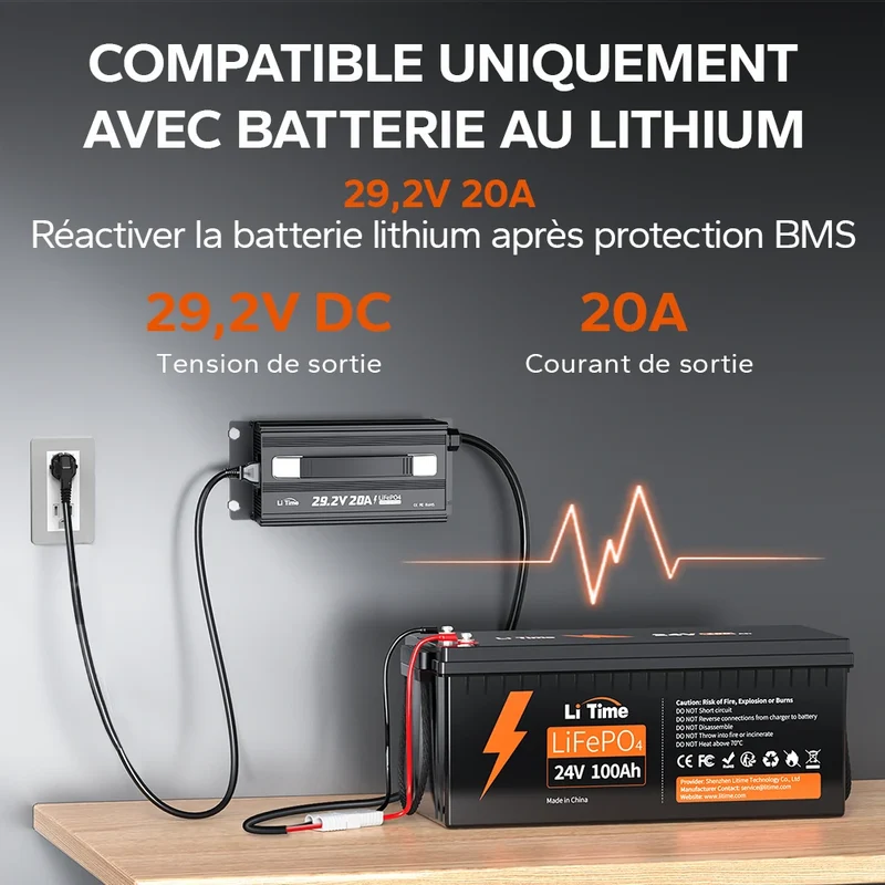 LiTime 24V 20A Chargeur de batteries au lithium pour batteries au lithium LiFePO4
