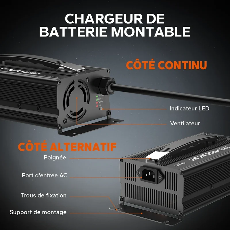 LiTime 24V 20A Chargeur de batteries au lithium pour batteries au lithium LiFePO4