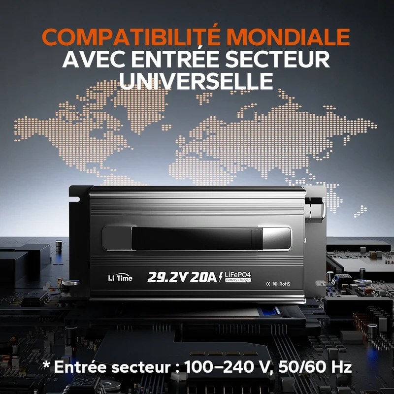 LiTime 24V 20A Chargeur de batteries au lithium pour batteries au lithium LiFePO4