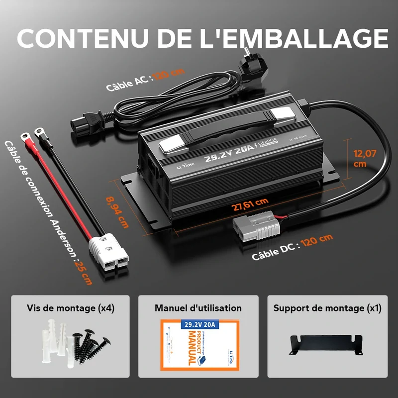 LiTime 24V 20A Chargeur de batteries au lithium pour batteries au lithium LiFePO4