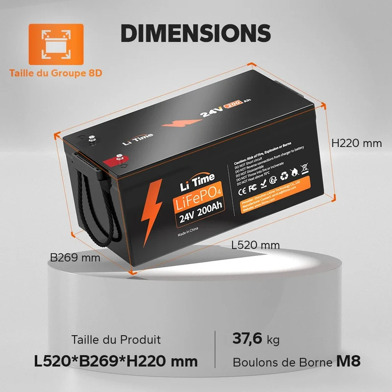 LiTime 24V 200Ah Piles au lithium LiFePO4 du groupe 8D