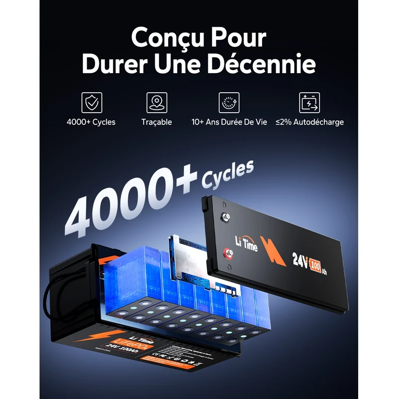 LiTime 24V 100Ah Batterie Lithium pour Moteur et Camping-car
