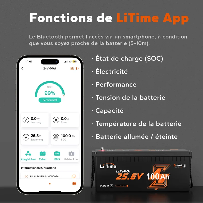 LiTime 24V 100Ah LiFePO4 Batterie Bluetooth pour Camping-car et Marine