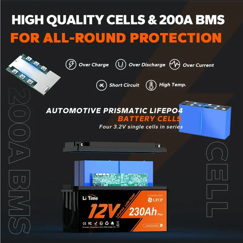 LiTime Batterie 12V 230Ah Plus LiFePO4 - BMS 200A Protection Temp. Basse