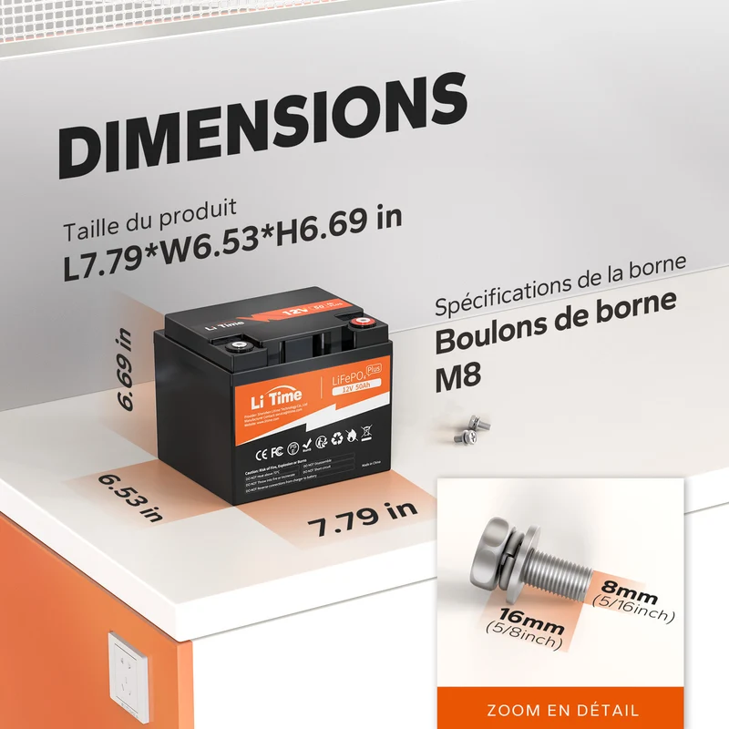 LiTime 12V 50Ah Lithium 640Wh - Marine, Camping-Car, Détecteur de Poissons
