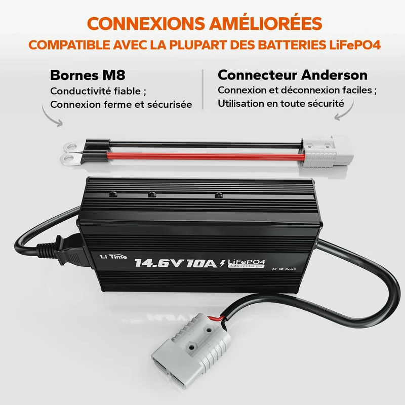 LiTime Chargeur 12V 10A pour Batteries LiFePO4