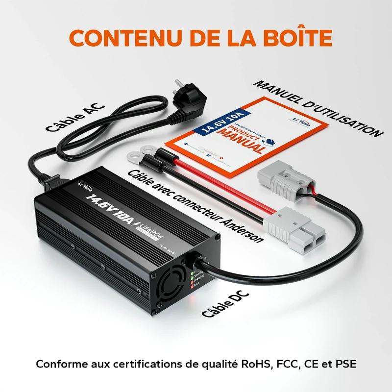 LiTime Chargeur 12V 10A pour Batteries LiFePO4