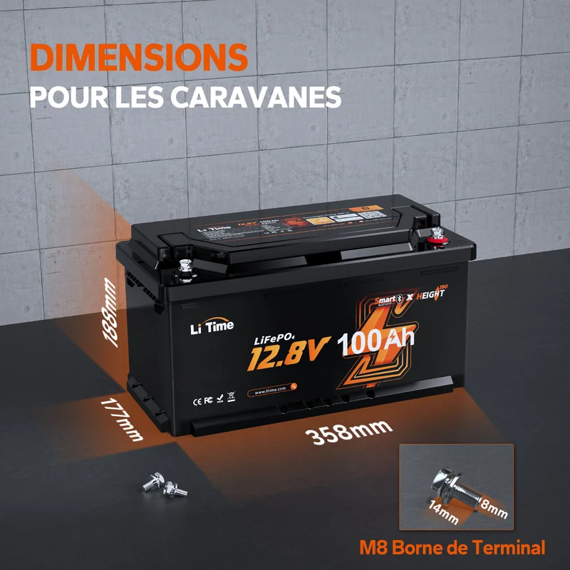 LiTime Batterie Lithium 12V 100Ah H190 pour Camping-Car – Bluetooth & Installation Sous Siège