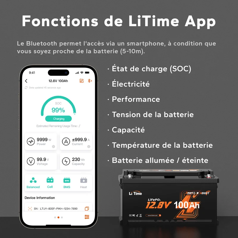 LiTime Batterie Lithium 12V 100Ah H190 pour Camping-Car – Bluetooth & Installation Sous Siège