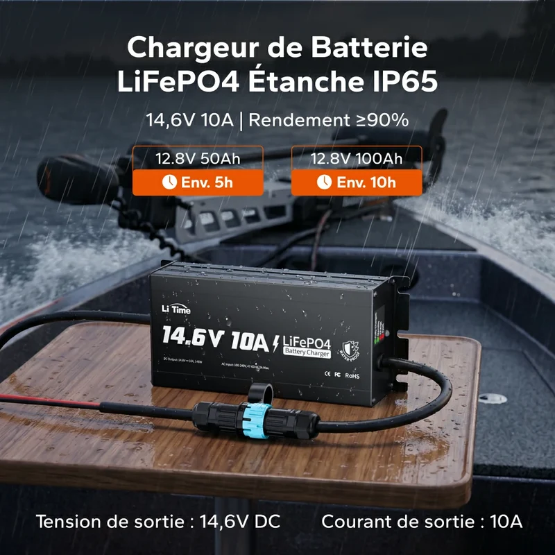 LiTime Chargeur 12V 10A pour batterie lithium IP65 étanche haute performance