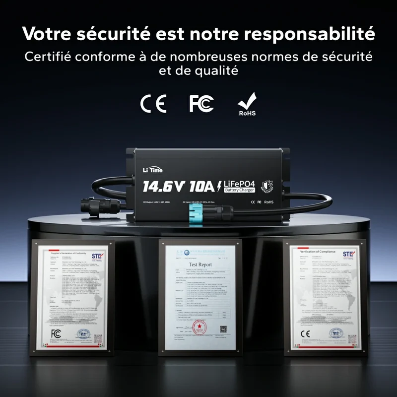 LiTime Chargeur 12V 10A pour batterie lithium IP65 étanche haute performance