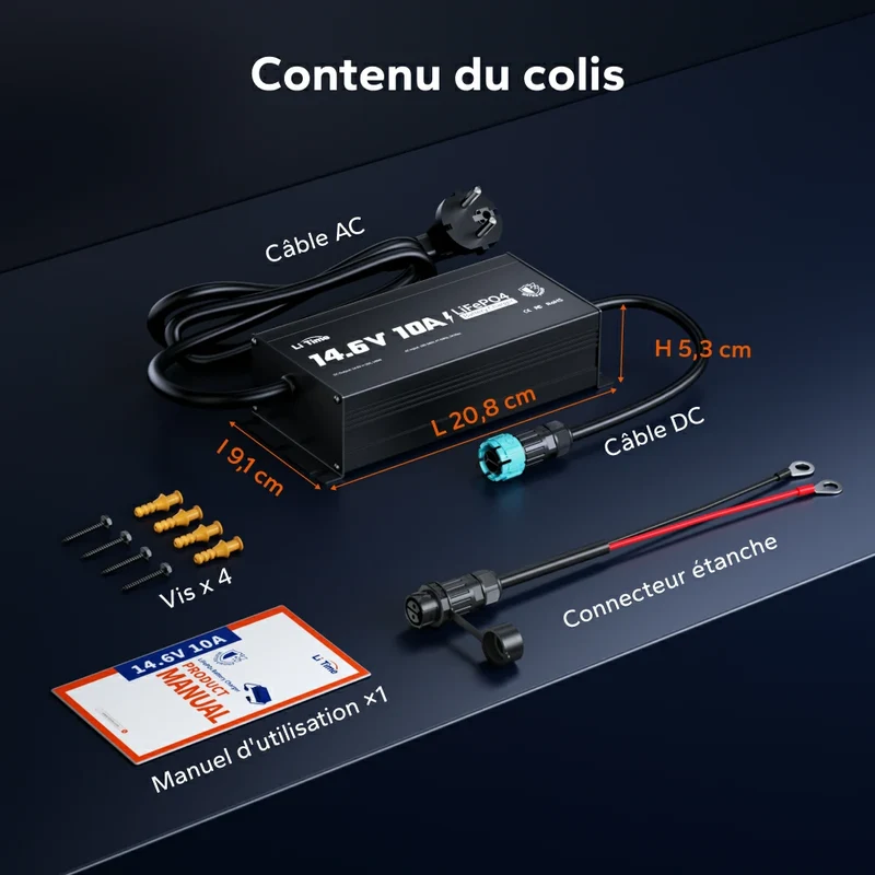 LiTime Chargeur 12V 10A pour batterie lithium IP65 étanche haute performance