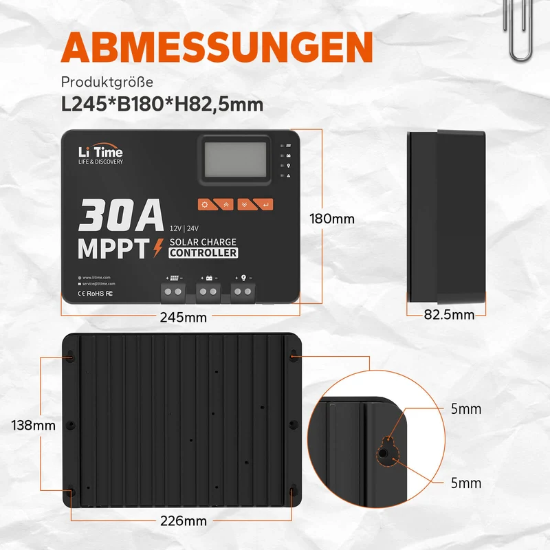 LiTime Contrôleur de charge solaire MPPT 30A 12V/24V avec Bluetooth