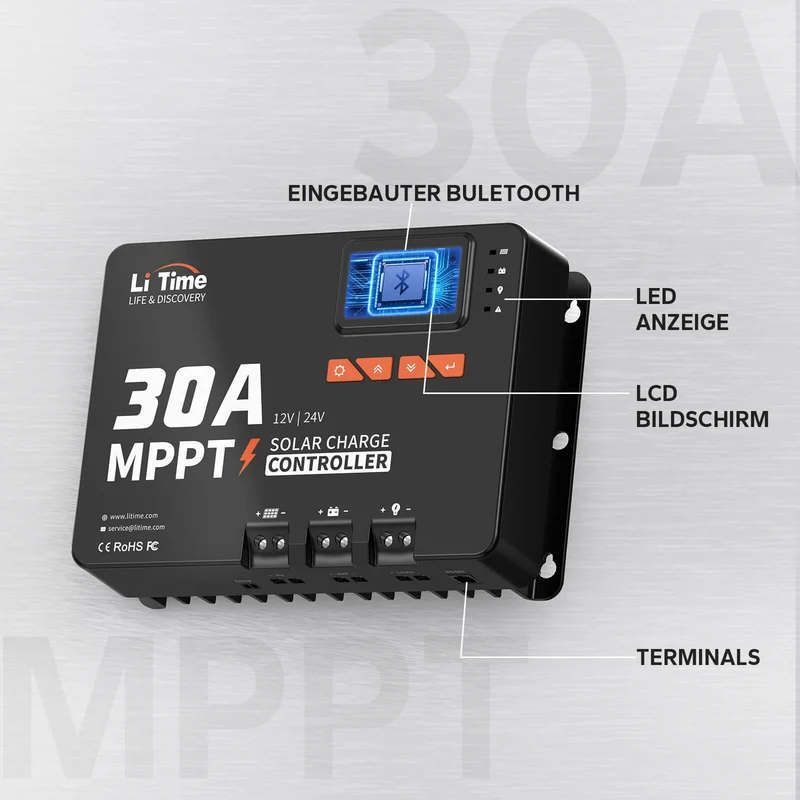 LiTime Contrôleur de charge solaire MPPT 30A 12V/24V avec Bluetooth