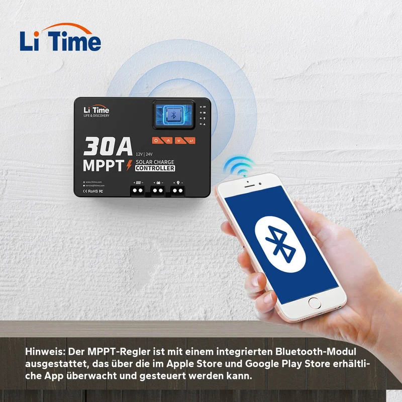 LiTime Contrôleur de charge solaire MPPT 30A 12V/24V avec Bluetooth