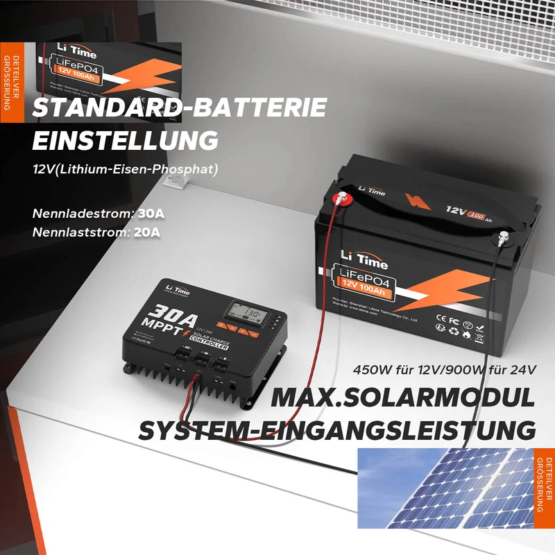 LiTime Contrôleur de charge solaire MPPT 30A 12V/24V avec Bluetooth