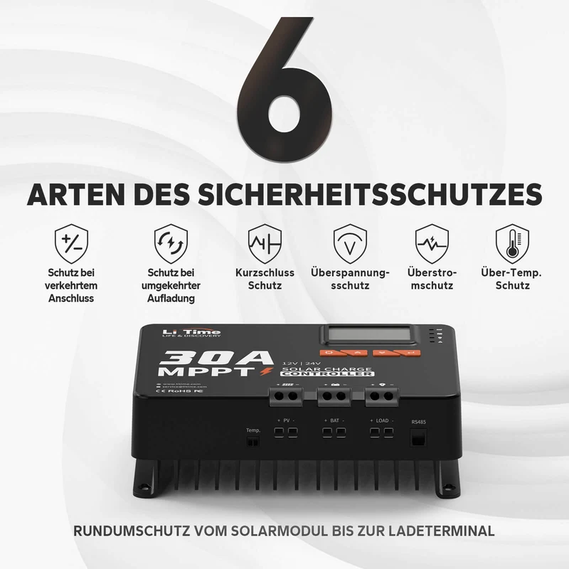 LiTime Contrôleur de charge solaire MPPT 30A 12V/24V avec Bluetooth