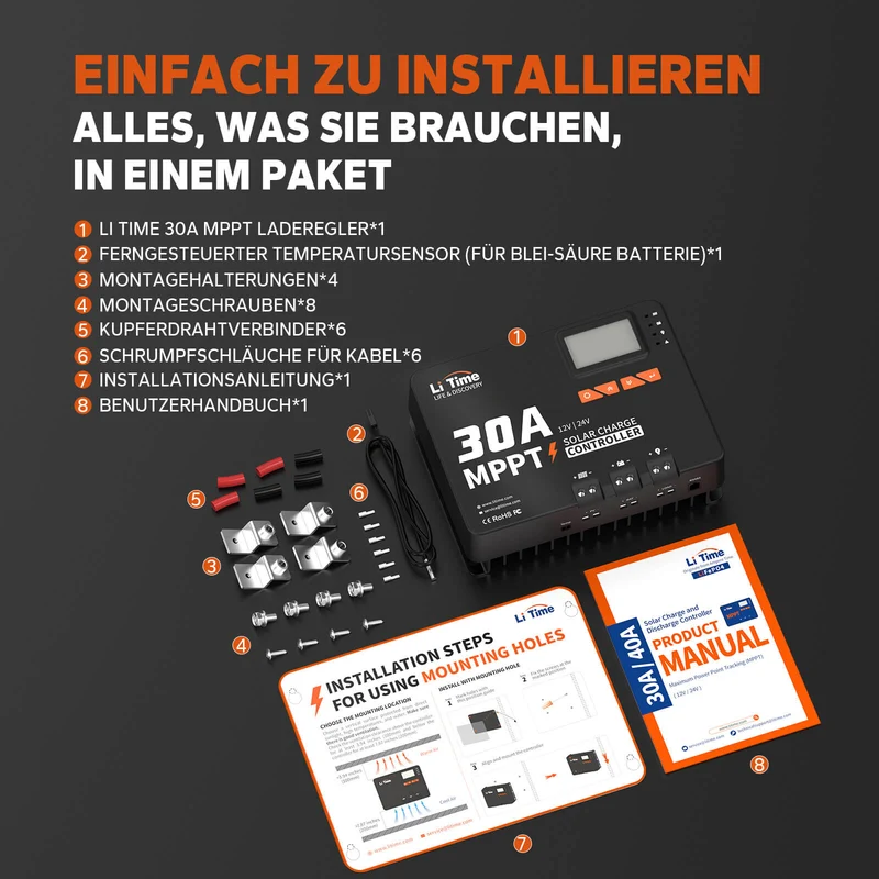 LiTime Contrôleur de charge solaire MPPT 30A 12V/24V avec Bluetooth