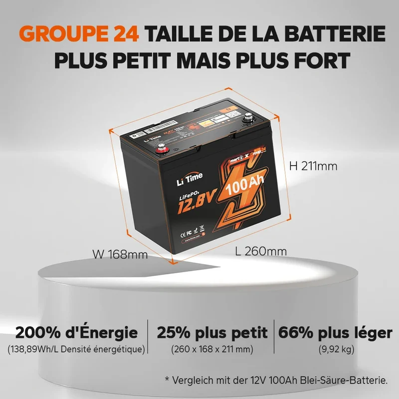 LiTime 12V 100Ah Group 24 Bluetooth LiFePO4 batterie au lithium à cycle profond