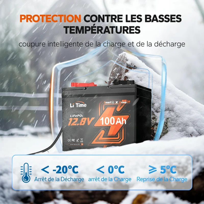 LiTime 12V 100Ah Group 24 Bluetooth LiFePO4 batterie au lithium à cycle profond