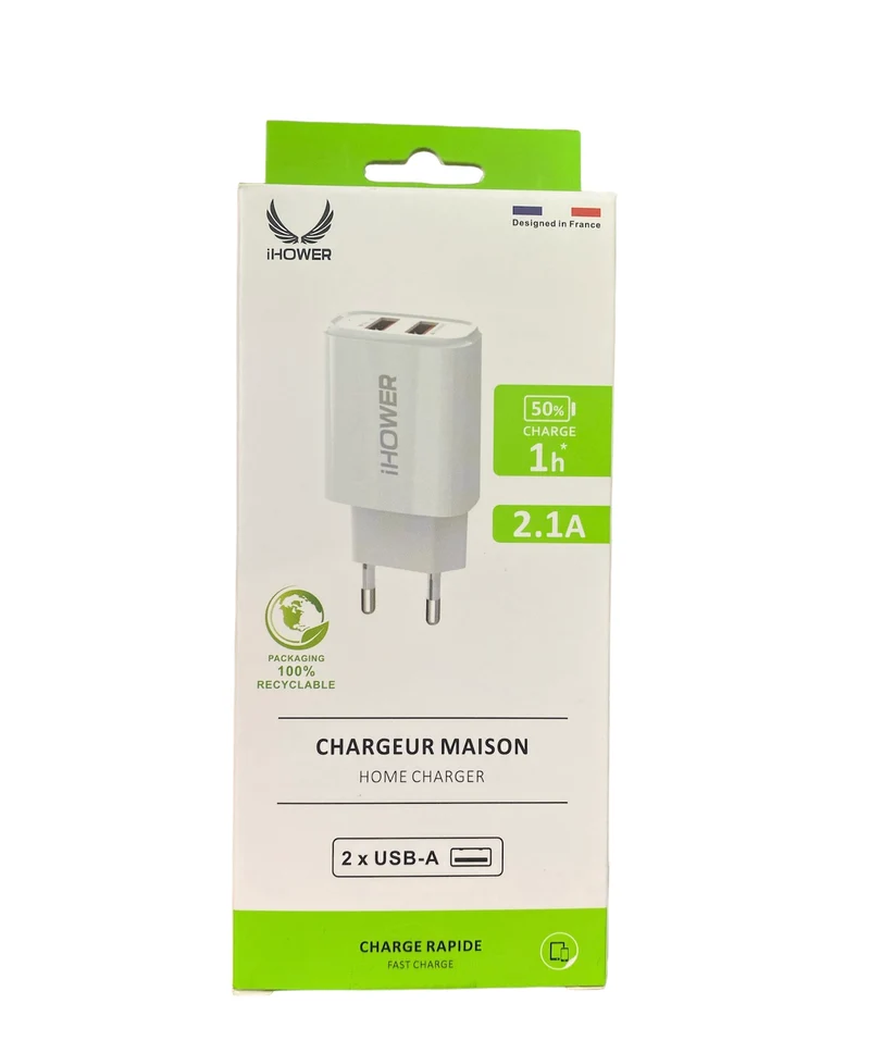 Chargeur secteur rapide 2.1A, 2 ports USB