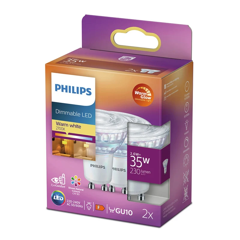 PHILIPS - Reflector Spot - GU10 - 35 W - 230 Lumen - 2700 K - Bright - Reflector Spot - Duo Pack - Dimmable - Warm Glow