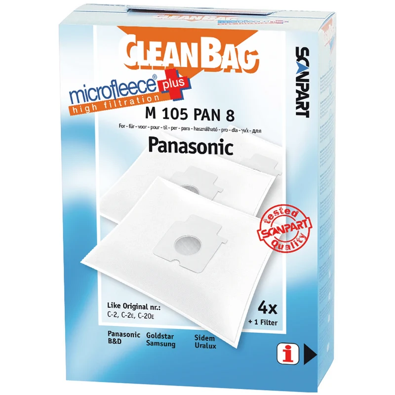 CLEANBAG M105PAN-8 - 4 Sacs d´aspirateur - 1 Microfiltre - adapté pour Panasonic | Samsung | Goldstar | Sidem | B&D | Urem C-2| C-20e| C-2e