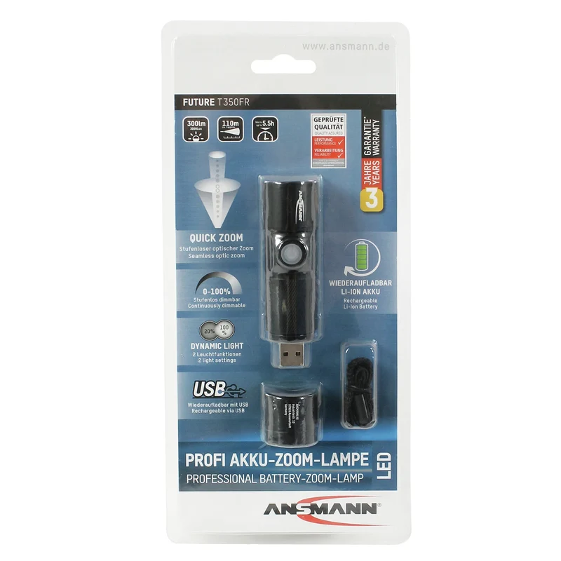 ANSMANN - Lampe torche - T250FR - 300 lumens - Noir - Rechargeable