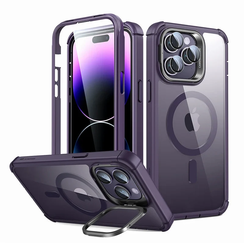 iPhone 14 Pro Max Armor Tough Case with Stash Stand (HaloLock) - Clear Purple