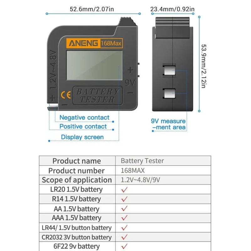 Testeur de Piles Numérique – Compatible AAA AA C D 9V 3V