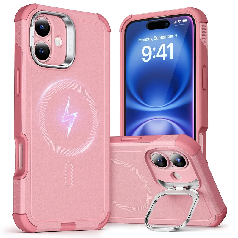 iPhone 16 Plus Cyber Tough Case with Stash Stand (HaloLock) - Pink