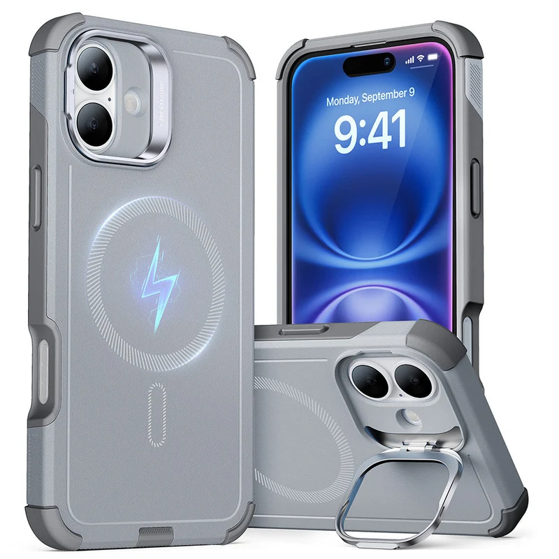 iPhone 16 Plus Cyber Tough Case with Stash Stand (HaloLock) - Light Grey