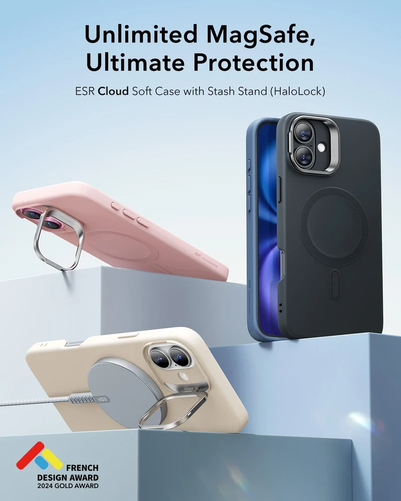 iPhone 16 Plus Cloud Soft Case with Stash Stand (HaloLock) - Blue