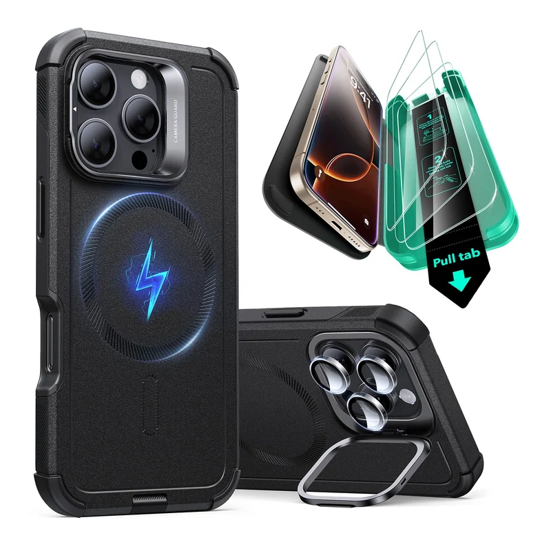 iPhone 16 Pro Cyber Tough Case with Stash Stand Protection Bundle - Black