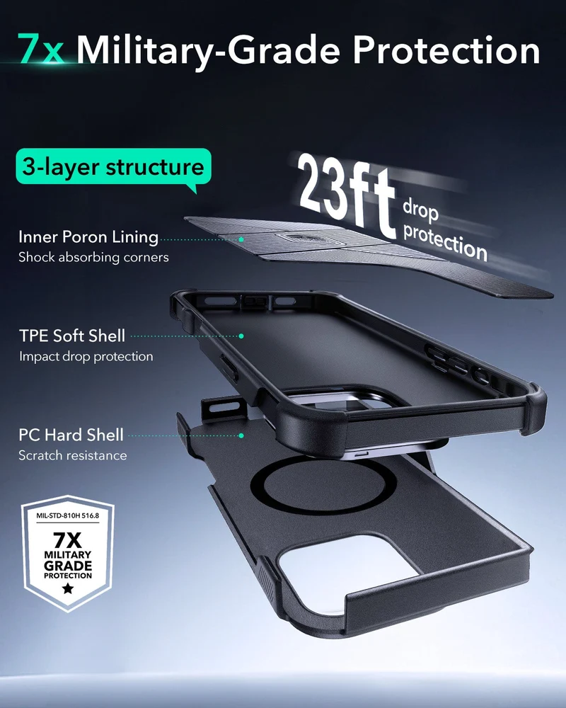 iPhone 16 Pro Cyber Tough Case with Stash Stand Protection Bundle - Black