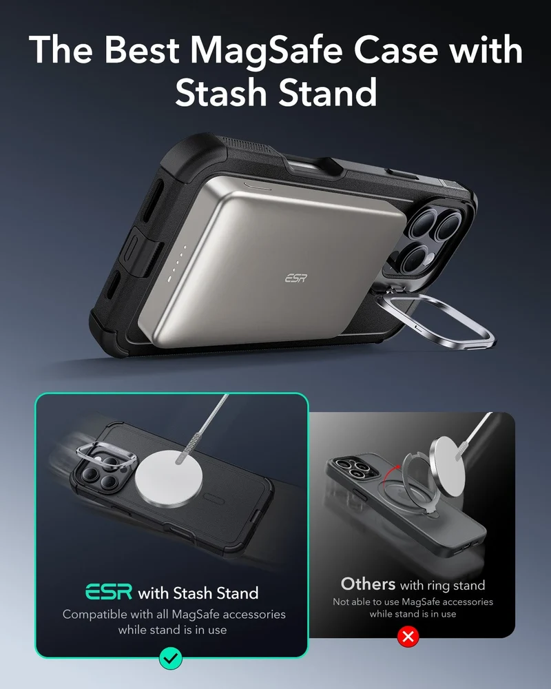 iPhone 16 Pro Cyber Tough Case with Stash Stand Protection Bundle - Gray