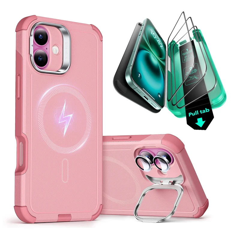 iPhone 16 Plus Cyber Tough Case with Stash Stand Protection Bundle - Pink